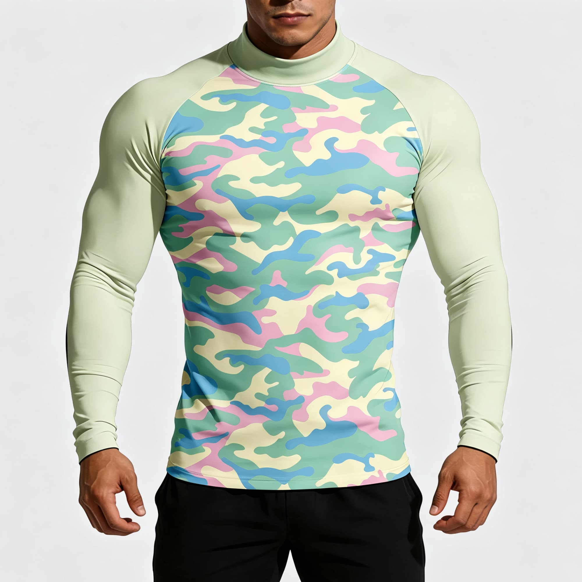 Base Layer Top - メンズ パステル迷彩柄 モックネック 長袖Tシャツ、ストレッチ性のある通気性のあるフィットネス トレーニング ベースレイヤーシャツ