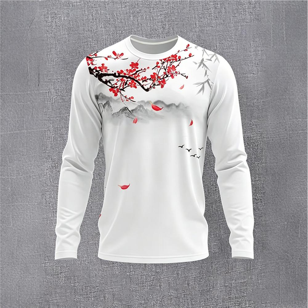 Base Layer Top - 中国風水墨画梅の花長袖 Tシャツメンズヴィンテージ風景プリントカジュアルベースレイヤーシャツファッションストリートウェアトップ