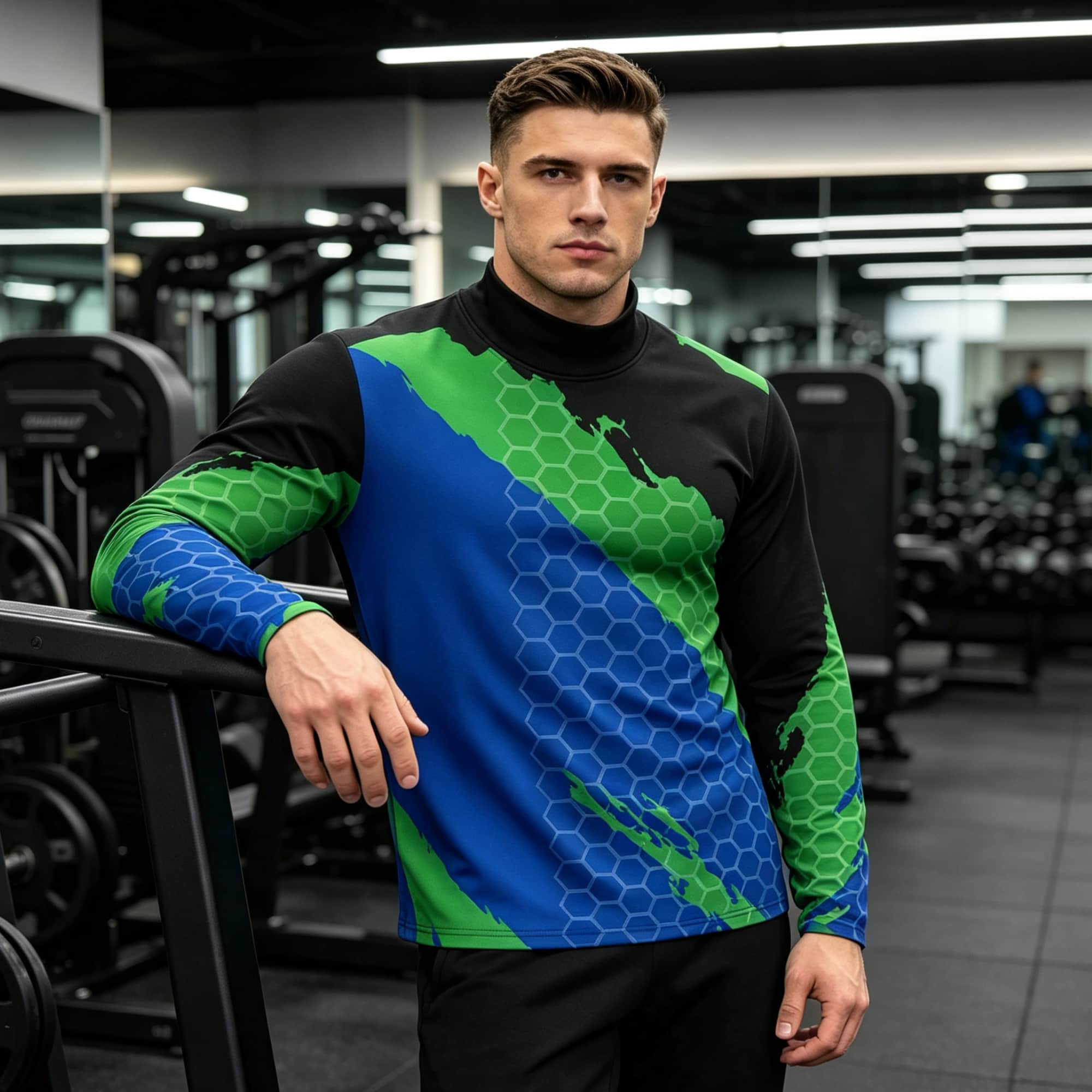 Base Layer Top - メンズコントラストカラーハニカムテクスチャグラフィックモックネック長袖Tシャツ、通気性フィットネストレーニングカジュアルベースレイヤーシャツ