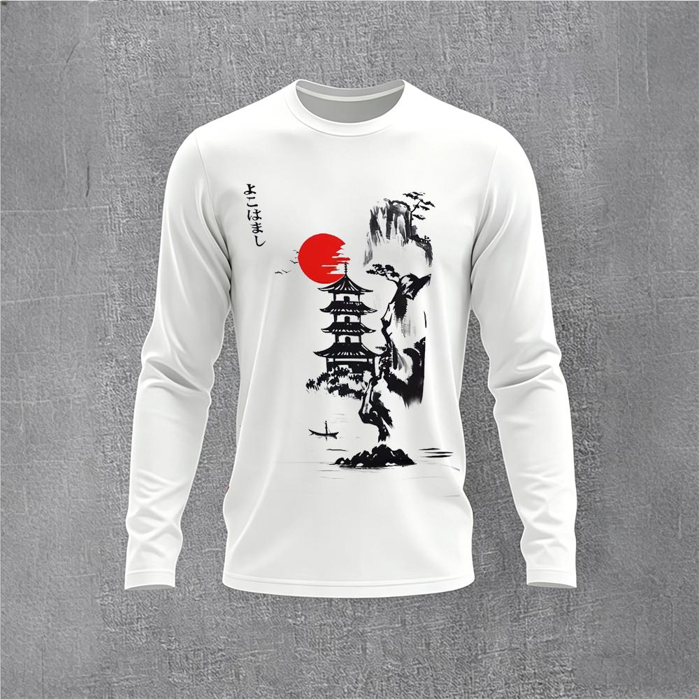 中国風水墨画梅の花長袖 Tシャツメンズヴィンテージ風景プリン - Base Layer Top のレビューと価格