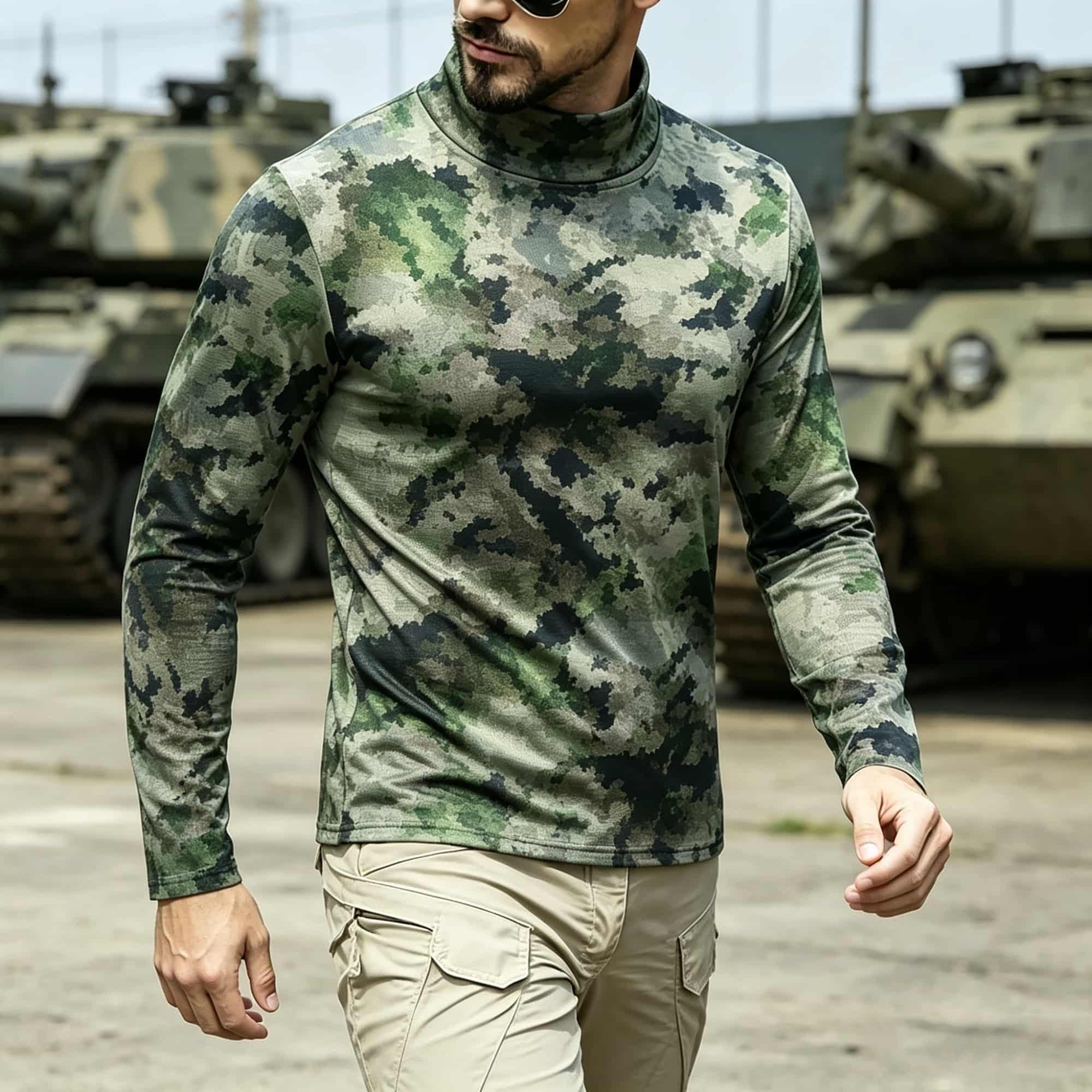 メンズタクティカル迷彩柄モックネック長袖シャツ、ソフトストレ - Base Layer Top のレビューと価格