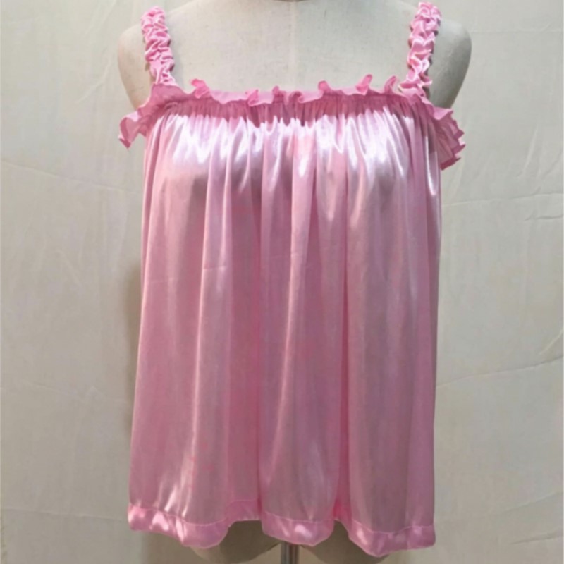 夏ソフトシルキーグロッシーフリルスパゲッティストラップタンク - Suspender Tank Top のレビューと価格